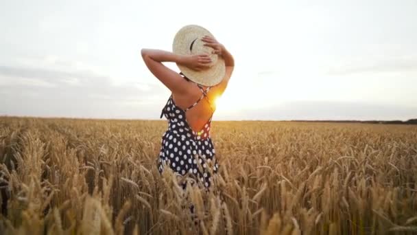 Unrecognizable girl with straw hat walking in golden wheat field. Elegant sexy lady in long vintage dress. Golden hour. Harvest, travel concept. - Felvétel, videó