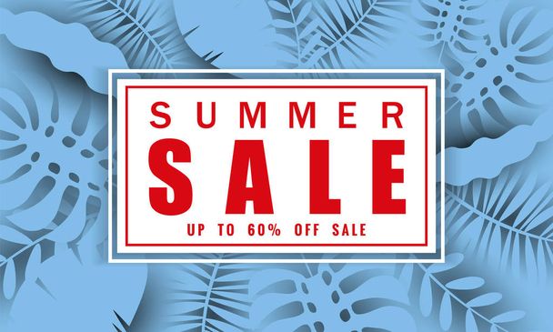 Summer sale banner template for seasonal sales with tropical leaves background, color exotic floral design banner, flyer, invitation, poster, web site or greeting card. Paper cut style, vector - Vector, Image