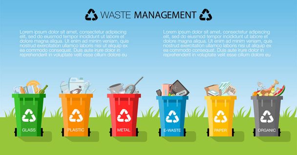 Afvalbeheer concept. Soorten afval: organisch, plastic, metaal, papier, glas, E-waste. Scheiding van vuilnis op blikjes voor recycling. Gekleurde afvalbakken op blauwe lucht en groene gras achtergrond - Vector, afbeelding