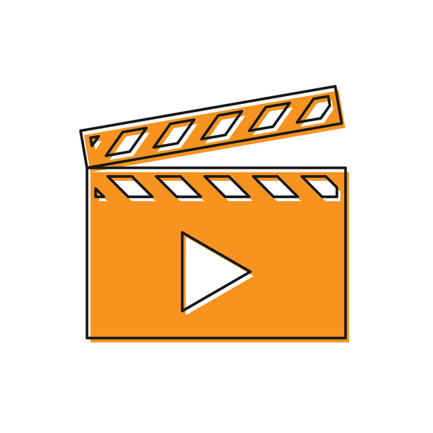 orangefarbenes Filmklappsymbol auf weißem Hintergrund. Filmplatten-Ikone. Klappschild. Kinoproduktion oder Medienindustriekonzept. Vektorillustration - Vektor, Bild