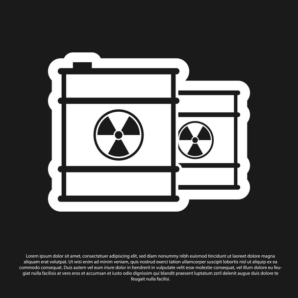 Zwart radioactief afval in Barrel line icoon geïsoleerd op zwarte achtergrond. Giftig vuilnis vat. Radioactieve afval emissies, milieuvervuiling. Vector illustratie - Vector, afbeelding