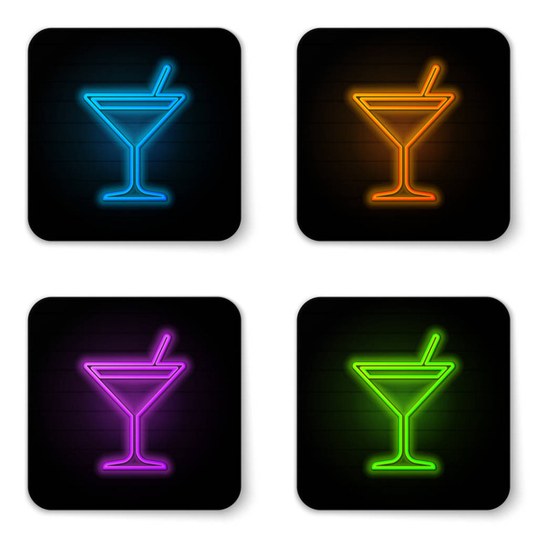Świecąca Neon ikona Martini szkła na białym tle. Ikona koktajlu. Ikona kieliszek do wina. Czarny kwadrat przycisk. Ilustracja wektorowa - Wektor, obraz