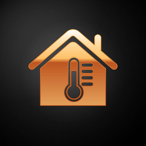Gold σπίτι εικονίδιο θερμοκρασίας απομονώνεται σε μαύρο φόντο. Εικονίδιο θερμόμετρου. Απεικόνιση διανυσματικών φορέων - Διάνυσμα, εικόνα