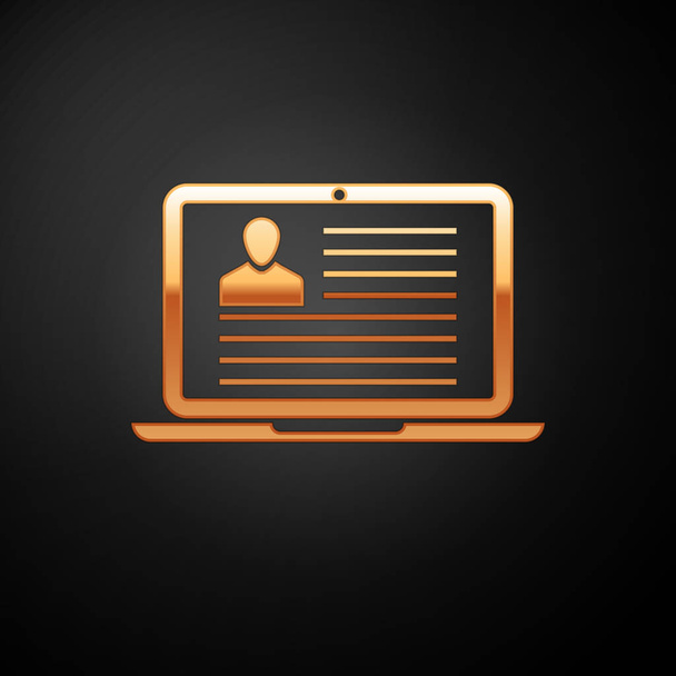 Gouden laptop met Resume icoon geïsoleerd op zwarte achtergrond. CV-applicatie. Zoeken naar professionele medewerkers. Analyseren van personeels CV. Vector illustratie - Vector, afbeelding