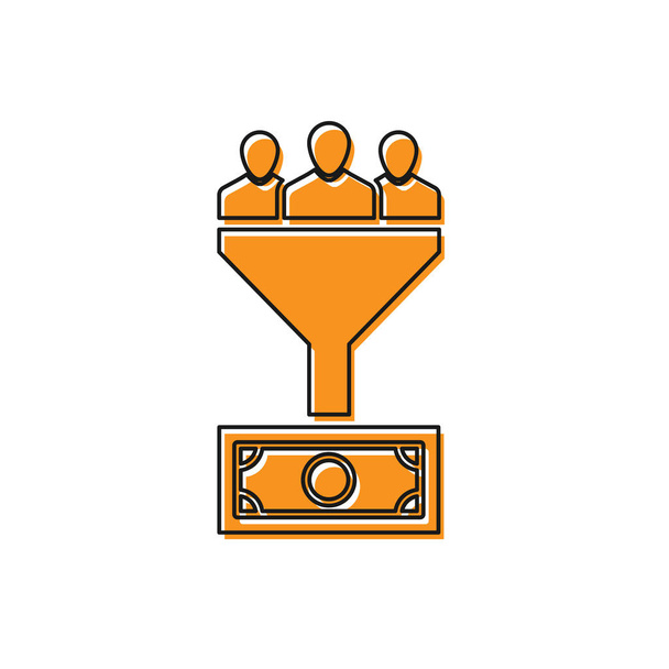 Icono de gestión Orange Lead aislado sobre fondo blanco. Embudo con gente, dinero. Concepto de negocio del cliente objetivo. Ilustración vectorial
 - Vector, imagen