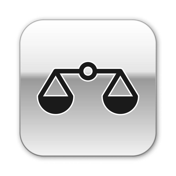 Η μαύρη ζυγαριά της δικαιοσύνης απομονώθηκε σε λευκό φόντο. Σύμβολο του Δικαστηρίου. Πινακίδα ισορροπίας. Ασημί τετράγωνο κουμπί. Απεικόνιση διανυσματικών φορέων - Διάνυσμα, εικόνα