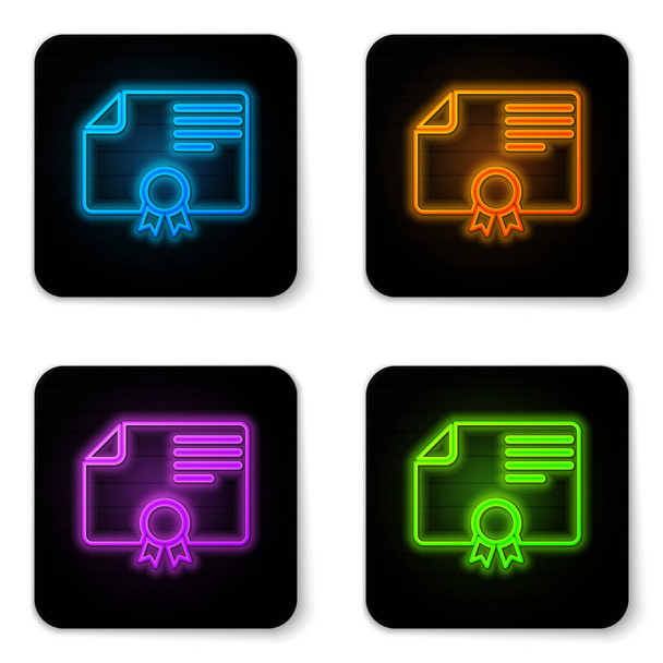 Glowing neon Certificate template icon isolated on white background. Achievement, award, degree, grant, diploma concepts. Business success certificate. Black square button. Vector Illustration - ベクター画像