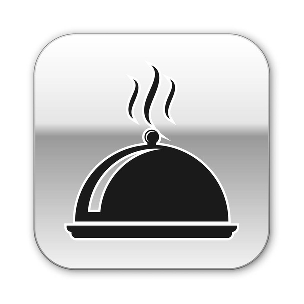 Μαύρο καλυμμένο με ένα δίσκο με εικονίδιο φαγητού απομονωμένο σε λευκό φόντο. Δίσκος και καπάκι. Εστιατόριο Κλος με καπάκι. το σύμβολο της κουζίνας. Ασημί τετράγωνο κουμπί. Απεικόνιση διανυσματικών φορέων - Διάνυσμα, εικόνα