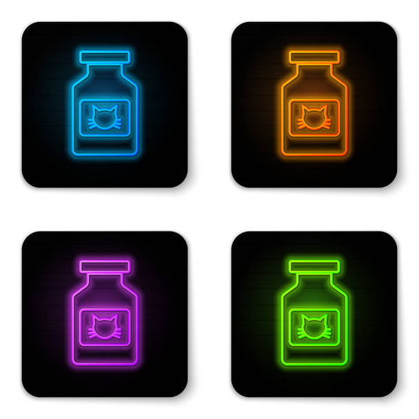 Świecąca ikona butelki leku Neon Cat na białym tle. Pojemnik z pigułek. Lek na receptę dla zwierząt. Czarny kwadrat przycisk. Ilustracja wektorowa - Wektor, obraz