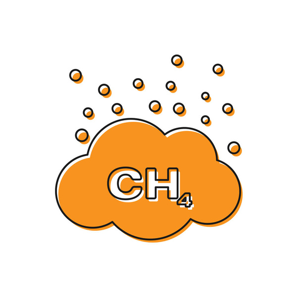 Pomarańczowa ikona redukcji emisji metanu na białym tle. Model cząsteczki CH4 i wzór chemiczny. Gaz Marsh. Gaz ziemny. Ilustracja wektorowa - Wektor, obraz