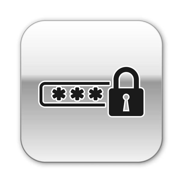 Чорна піктограма захисту паролів та доступу до безпеки ізольовано на білому тлі. Заблокувати значок. Безпека, безпека, захист, концепція приватності. Срібна квадратна кнопка. Векторна ілюстрація
 - Вектор, зображення