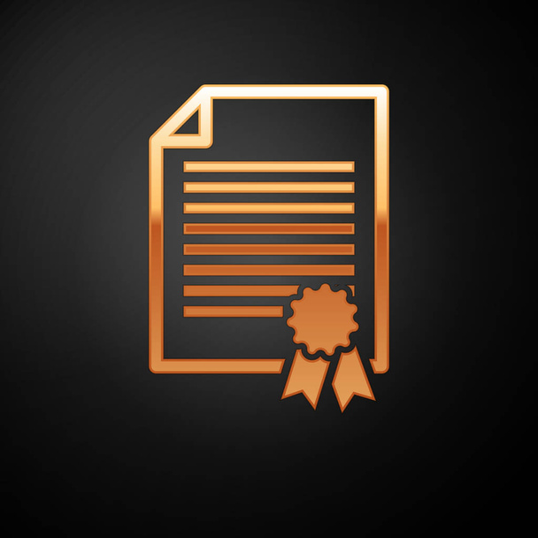 Gold Certificate template icon isolated on black background. Degree icon. Achievement, award, grant, diploma concepts. Business success certificate. Vector Illustration - Vector, Image