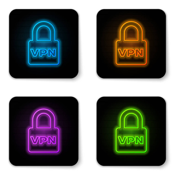 Glowing neon Lock VPN icon isolated on white background. Black square button. Vector Illustration - Vector, Image