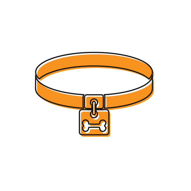 Kroužek s oranžovým psem s názvem a ikonou kostního štítku izolovaná na bílém pozadí. Zásoby pro domácí zvířata. Kočičí a psí péče. Psí řetězy. Vektorová ilustrace - Vektor, obrázek