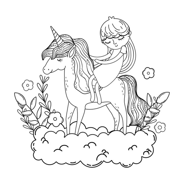 hermoso unicornio con princesa en el paisaje
 - Vector, imagen