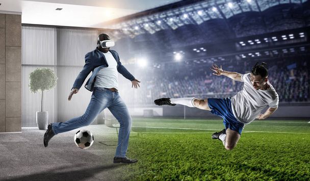 Virtual Reality headset on a black male playing soccer. Mixed Media - Foto, imagen