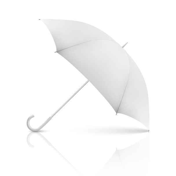 Vektorový 3D realistický vykreslení bílá prázdná ikona deštníku je izolována na bílém pozadí. Návrhová šablona otevřeného slunečník pro napodobování, propagace značky, inzerování atd. Pohled zepředu - Vektor, obrázek