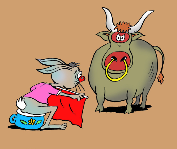 Caricatura. Bull luta no armário de água
 - Foto, Imagem