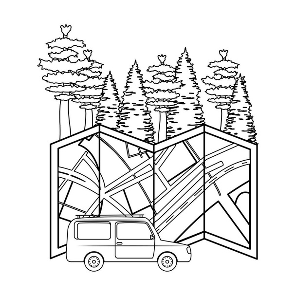 紙の地図と車で松の木の森のシーン - ベクター画像