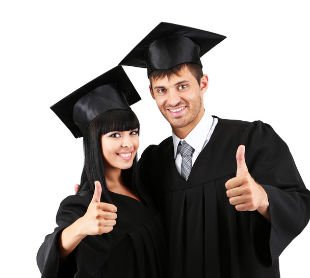 Two happy graduating students isolated on white - Foto, imagen