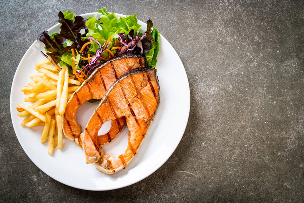 grilled salmon steak fillet with french fries - Photo, Image