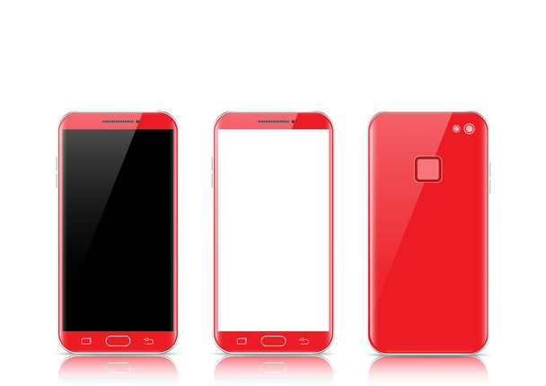 現代の赤いタッチスクリーン携帯電話のタブレットスマートフォンは、光の背景に隔離されています。電話の前面と背面が分離されています。ベクトルイラスト - ベクター画像