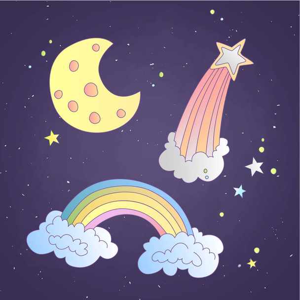Симпатичный мультфильм "Небо и космос", иллюстрация. Луна, звезда и радуга в облаках на темном фоне со звездами
. - Вектор,изображение