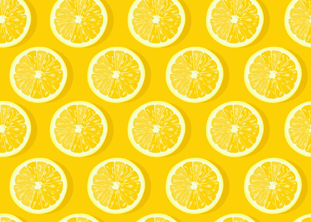 Lemon fruits slice seamless pattern on yellow background with shadow. Citrus fruits vector illustration. - Vector, Image