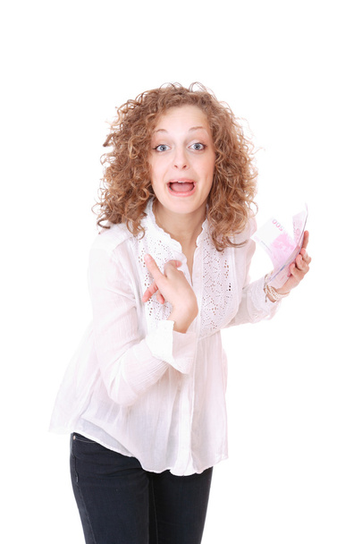 Cheerful young lady holding cash - Fotoğraf, Görsel