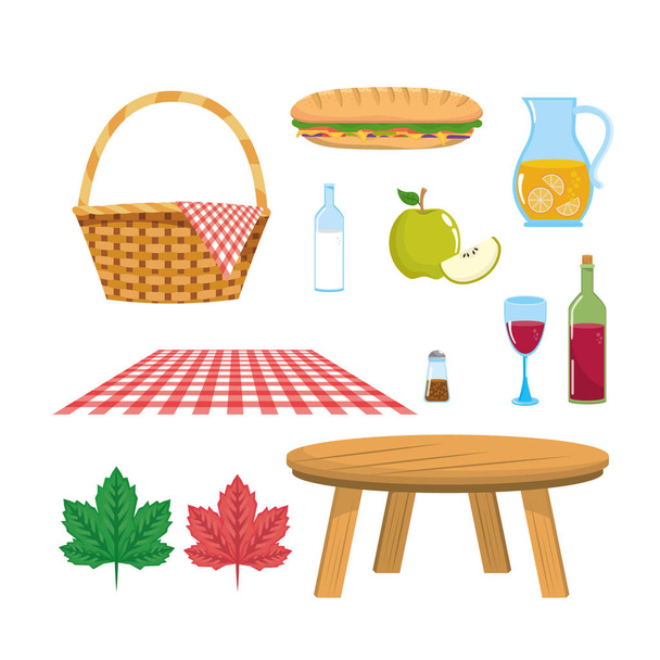 conjunto de cesto com toalha de mesa e mesa com alimentos
 - Vetor, Imagem