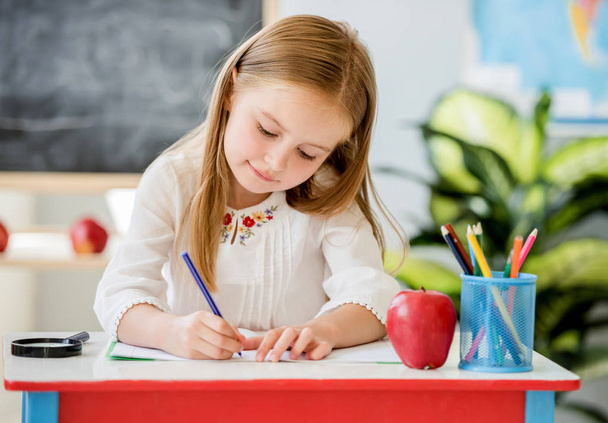 Little blond girl writing classwork in the school classroom - Photo, image
