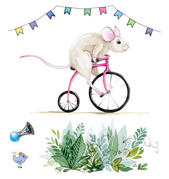 Акварель ручной работы набор с иллюстрацией смешной мыши на велосипеде под флагами и некоторые элементы партии
. - Фото, изображение