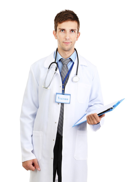 Retrato de jovem estagiário médico isolado em branco
 - Foto, Imagem