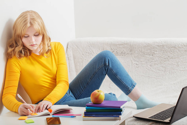Teen girl studying and learning with  notebook at home.  Online  - Valokuva, kuva