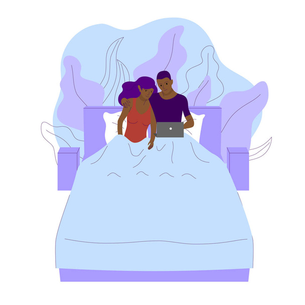 couple noir est couché sous une couverture sur un lit et regarder mov
 - Vecteur, image