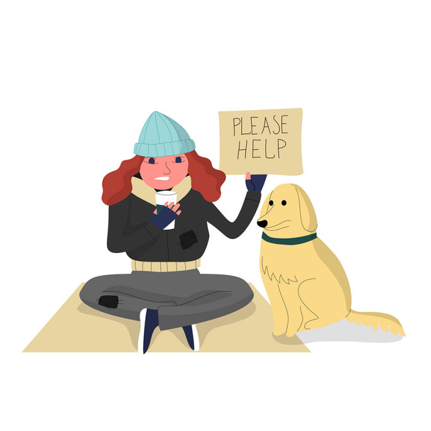 Mujer sin hogar sentada en cartón con un perro, sosteniendo papel cu
 - Vector, Imagen