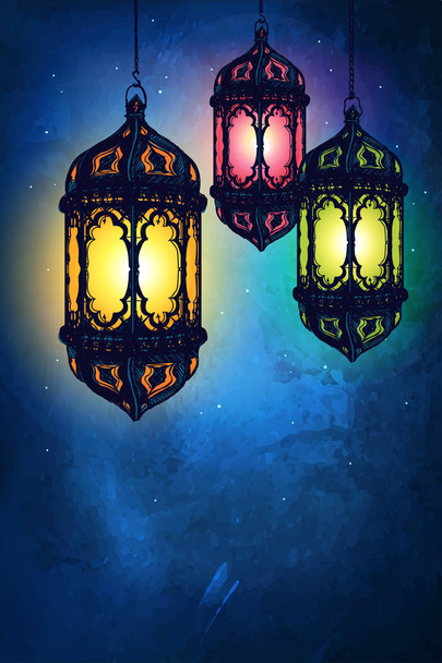 Cover card with lanterns on a dark background. Vector illustration - Vektör, Görsel
