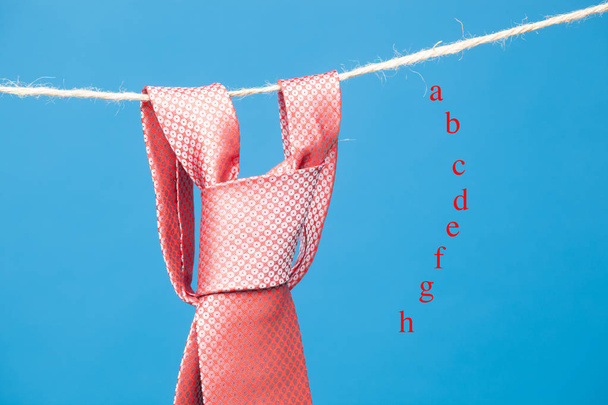 Tie with classic knot, hung on a rope and fastened by wooden clothespins to hang clothes - Photo, Image