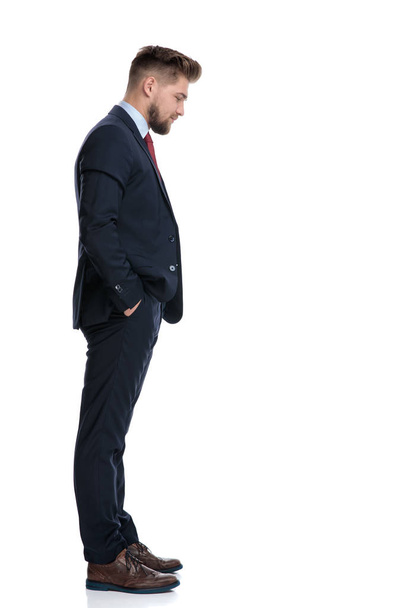 Vista lateral de um empresário confiante em pé
 - Foto, Imagem