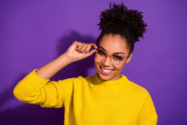 Close-up portrait of her she nice attractive lovely winsome clever smart cheerful cheery content wavy-haired girl touching glasses isolated over bright vivid shine violet background - Foto, imagen