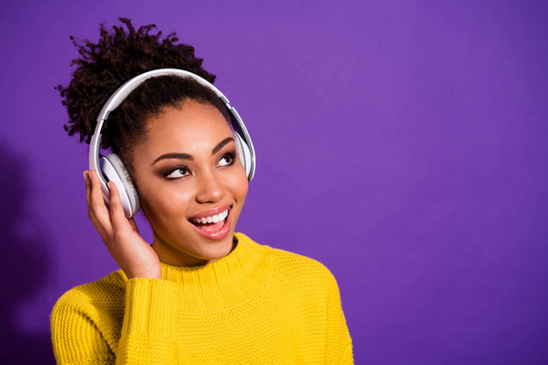 Close-up portrait of her she nice attractive lovely winsome glamorous cheerful cheery wavy-haired lady listening new popular hit radio isolated over bright vivid shine violet background - Фото, изображение
