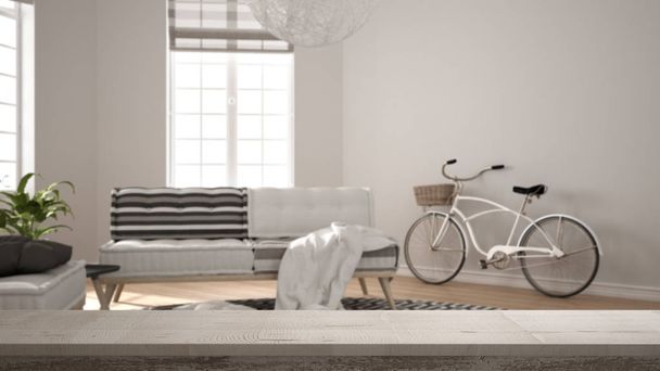 Dřevěná stolka nebo šatna na polici, zenovou náladu, moderní minimalistický bílý a dřevěný obývací pokoj s pohovkou a kulatým kobercem, design interiéru bílé architektury - Fotografie, Obrázek