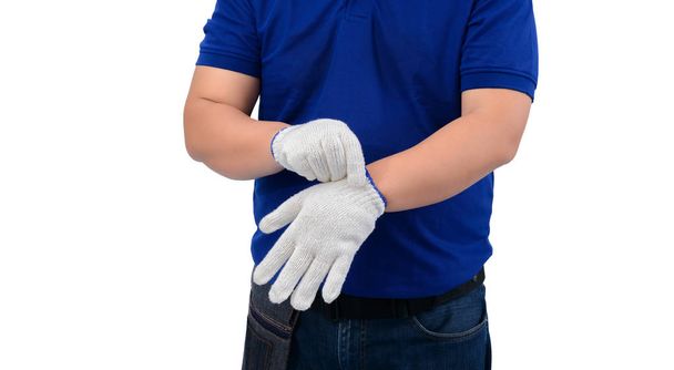 Asian człowiek pracownik w niebieski koszula z talia torba dla sprzęt są  - Zdjęcie, obraz