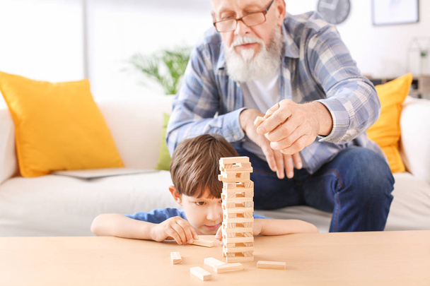 Cute little boy playing with grandfather at home - Photo, Image
