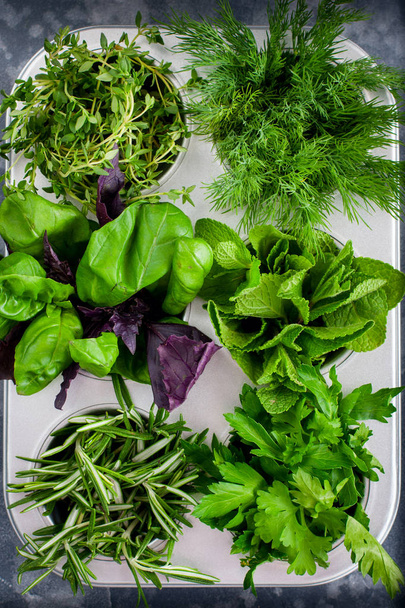 Various spicy fresh herbs: basil, thyme, dill, parsley, rosemary in metallic form, top view, selective focus - Foto, immagini