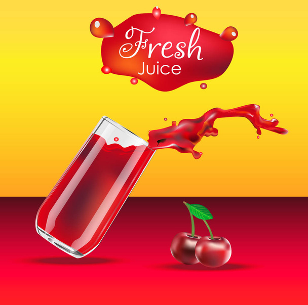 Vector realistic isolated illustration of cherry and cherry juice in glass.  - Вектор,изображение