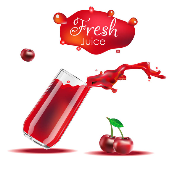 Vector realistic isolated illustration of cherry and cherry juice in glass.  - Vektori, kuva