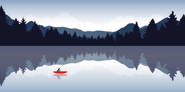 lonely canoeing adventure with red boat forest landscape - Vector, Image