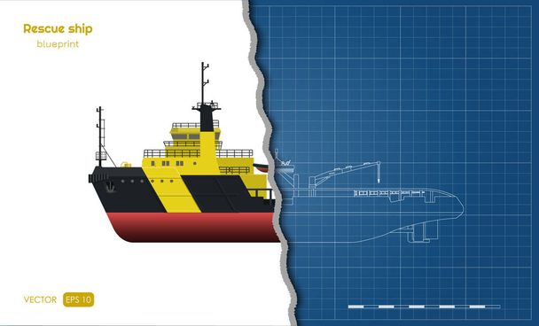 Beyaz arka plan üzerinde kurtarma gemisinin anahat planı. Üst, yan ve ön görünüm. Gerçekçi bir tarzda Endüstri 3d çizim. Teknenin izole görüntüsü - Vektör, Görsel