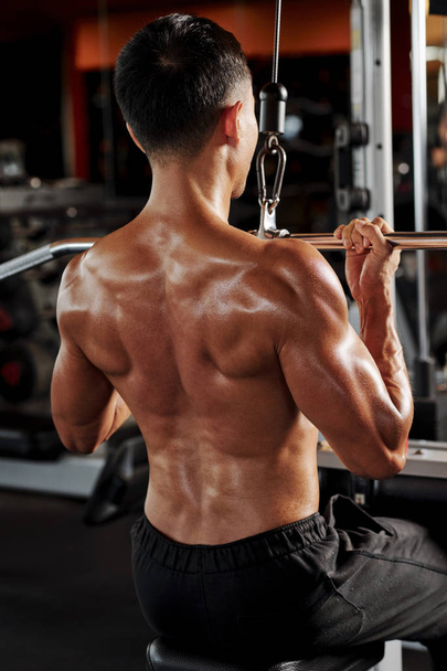 Homme fort entraînement haut du corps dans la machine à mouche dans la salle de gym, vue du dos
 - Photo, image